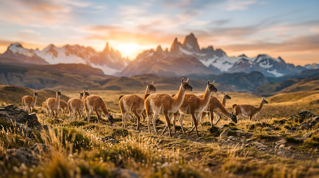 group of guanaco on sunrise with mountain background
