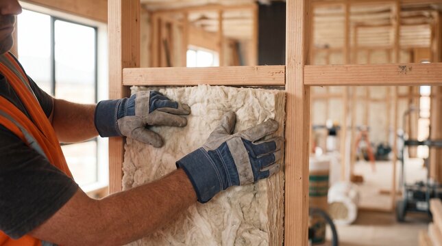 Construction worker installing insulation in wooden wall frame with unfinished building interior between wooden studs