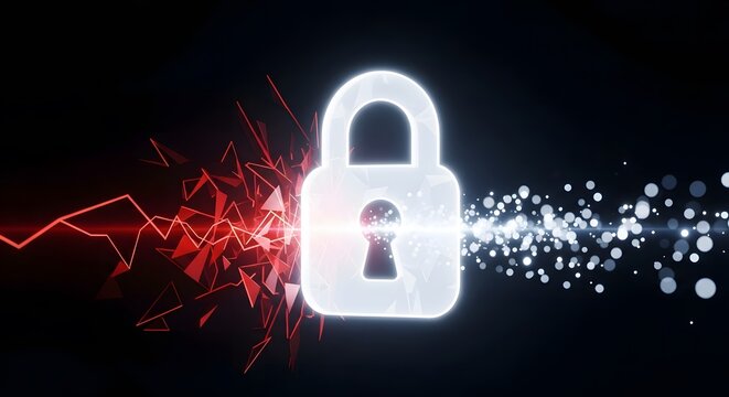Cybersecurity concept featuring a glowing digital padlock dividing a red threat zone and a secure blue data stream.