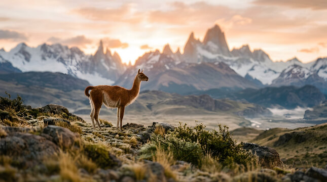guanaco panoramic shoot with mountain background