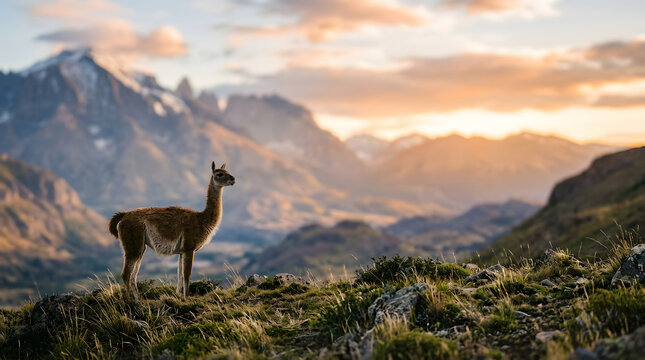 guanaco panoramic shoot with mountain background