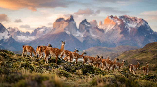 group of guanaco on sunrise with mountain background