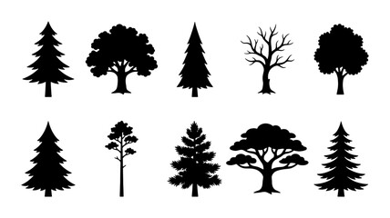 Obraz premium Diverse Tree Silhouettes Collection, 10 Vector Icons for Nature Graphics, Forest Elements, Woodland Designs, Evergreen and Deciduous Styles