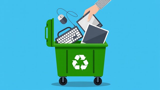 Hand throwing old computer electronics into a green bin