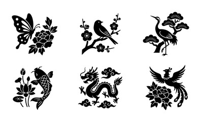 Obraz premium Traditional Asian Motifs: 6 Vector Icons of Butterfly, Bird, Crane, Koi Fish, Dragon, and Phoenix, Black Silhouette Designs for Cultural Art and Decoration