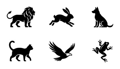 Obraz premium Diverse Animal Silhouettes Collection, Vector Icons: Lion, Rabbit, Dog, Cat, Eagle, Frog, Wildlife Graphics