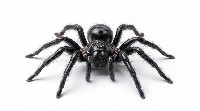 Black funnel-web spider on white background. Large venomous arachnid macro photography. Glossy black spider with hairy legs.