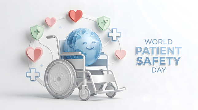 World patient safety day celebration with globe wheelchair and hearts healthcare hospital wheelchair