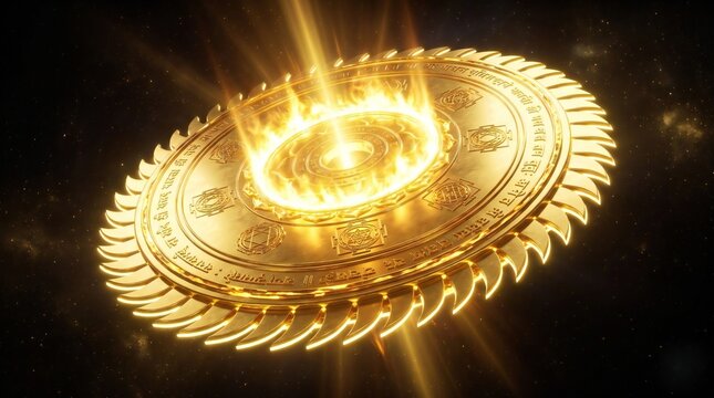 Golden Sudarshan Chakra with Sacred Yantras and Divine Fire Light 3D Render