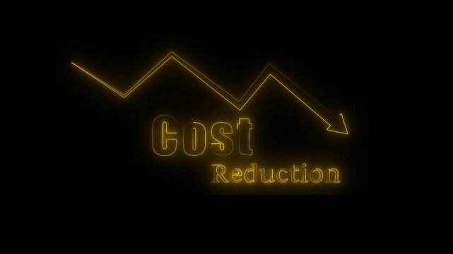 Business professional using laptop with holographic cost reduction graph and bars. Concept of financial efficiency, budget cutting, expense management, and corporate profit optimization.