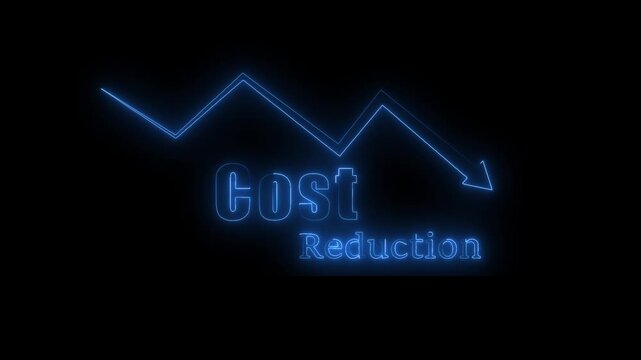 Business professional using laptop with holographic cost reduction graph and bars. Concept of financial efficiency, budget cutting, expense management, and corporate profit optimization.