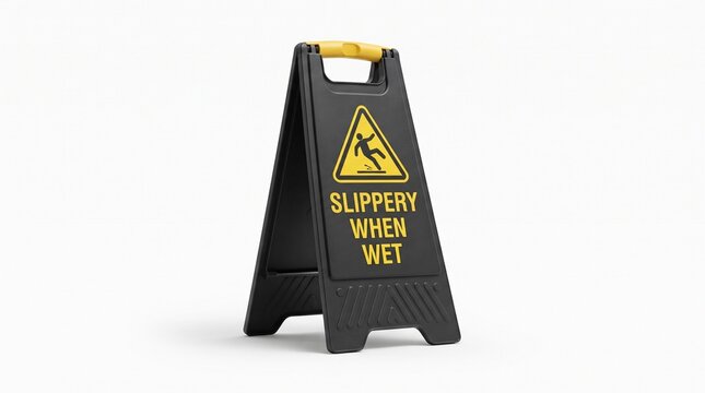 Slippery when wet floor sign, black plastic caution board with yellow text, industrial safety warning stand on white background