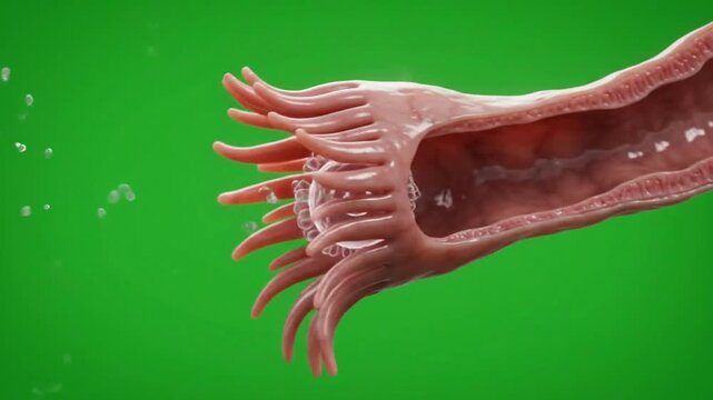 Microscopic biological model of a worm parasite scolex showing hooks and internal structure on green background