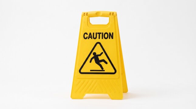 Yellow caution wet floor sign, plastic safety floor marker with slipping man icon, industrial hazard warning board on white background