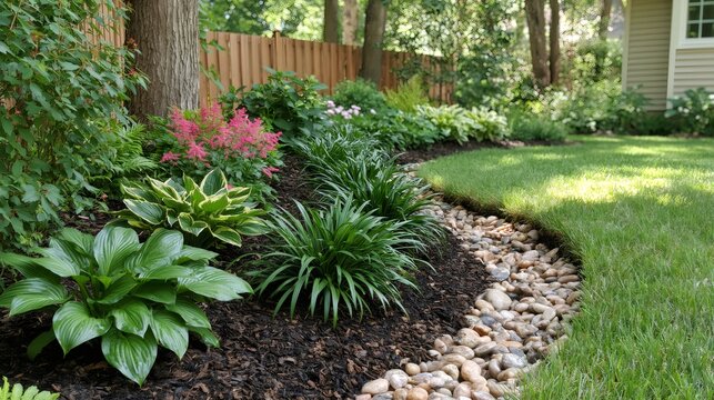 Lush backyard garden bed with hostas and river rock border