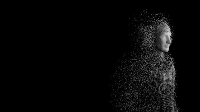 Digital human profile formed by glowing particles moving in dark background.