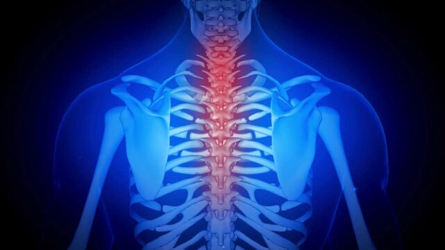 Human thoracic spine inflammation highlighted in 3d anatomy medical visualization.