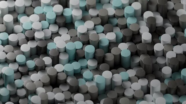 Abstract background featuring rising grey and blue cylinders in smooth rhythmic motion.
