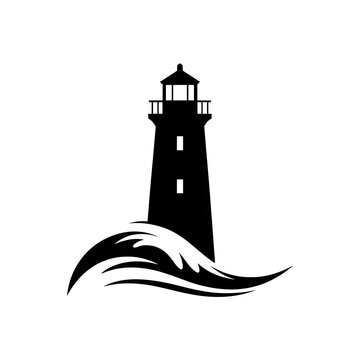Black silhouette icon of a lighthouse with ocean waves