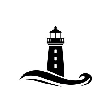 Black lighthouse icon with ocean waves symbol