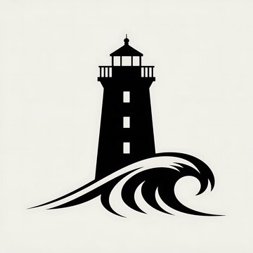 Black lighthouse silhouette icon with ocean wave