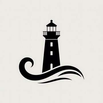Black lighthouse icon with ocean waves symbol