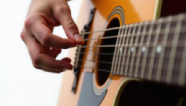 acoustic guitar close up of right hand plucking steel strings near wooden soundhole on classic six-string body, fretboard and pick contact showing fingerstyle technique,