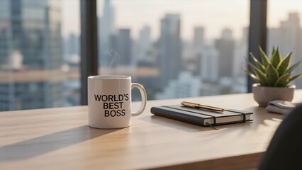 Plakat World's Best Boss coffee mug on office desk, professional workspace with city skyline view, corporate leadership and career success concept