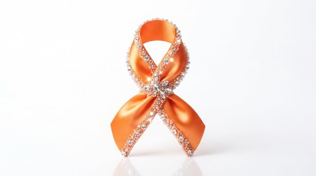 Orange awareness ribbon with sparkling crystals, satin silk ribbon for leukemia and kidney cancer support, elegant medical symbol on white