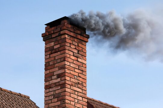 Brick chimney emitting dark smoke polluting the air