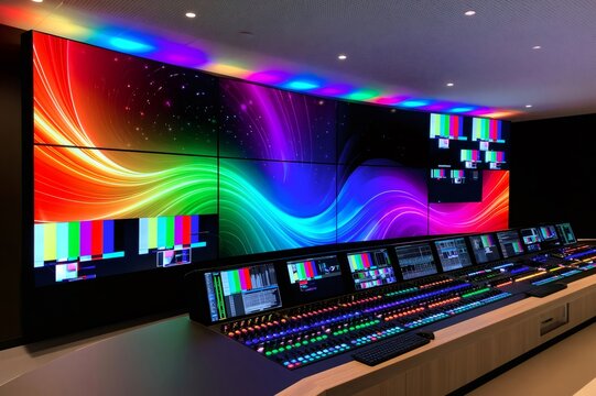 Modern control room broadcasting colorful video content