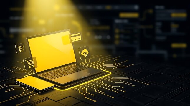 Glowing yellow laptop on digital circuit board background.