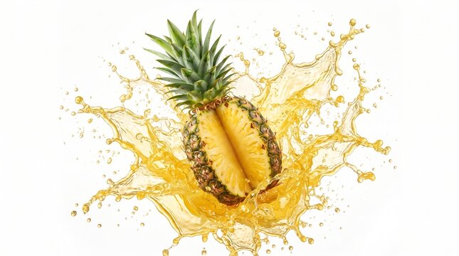 Fresh pineapple with juice splash, tropical fruit liquid explosion on white background, ripe pineapple slice with yellow nectar spray