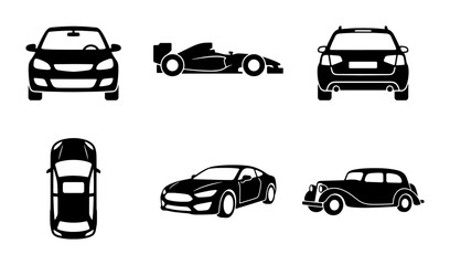 Obraz premium Diverse Car Icons Collection: Modern Sedans, Sports Cars, Vintage Autos, and Formula 1 Racers in Black Silhouette Vector Graphics