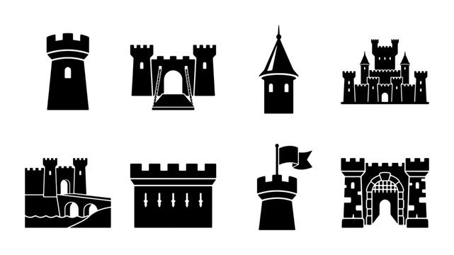 Medieval Castle Icons, Fortress Silhouettes, Royal Palace Graphics, Historic Fortifications Vector Set