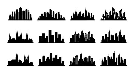 Fototapeta premium Urban Cityscape Silhouettes, Modern Architectural Skylines, Diverse Building Collections, Vector Graphics for Business and Design