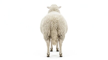 Fototapeta premium Back view of a fluffy white sheep standing isolated on a white background