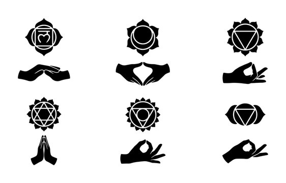 Chakra Symbols and Mudra Hand Gestures Collection, Spiritual Yoga Icons, Meditation and Energy Flow Vector Set