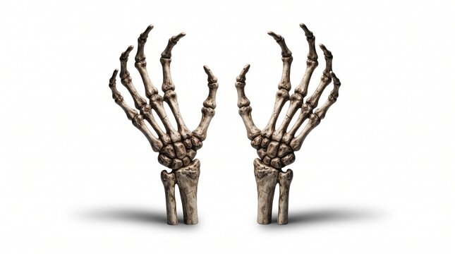 Skeletal hands with long claws on white background. Creepy skeleton hand bones for Halloween. Spooky anatomical bone structure.