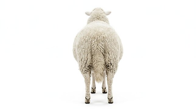 Back view of a fluffy white sheep standing isolated on a white background