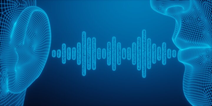 Glowing low poly blue wireframe human ear and mouth connected by digital sound wave on blue background, communication or speech concept