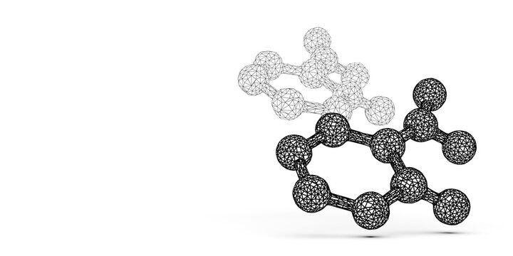 Black wireframe abstract molecules shape floating over white background with copy space, pharmacy, chemistry or science template concept