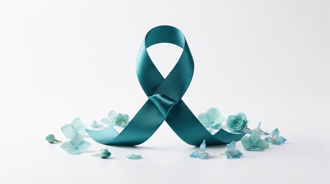 Teal awareness ribbon with delicate flowers, cervical cancer support symbol, ovarian cancer awareness concept on white background