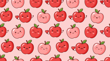 Fototapeta premium Cute cartoon apples with rosy cheeks and hearts form a repeating pattern on a pink background, flat design style