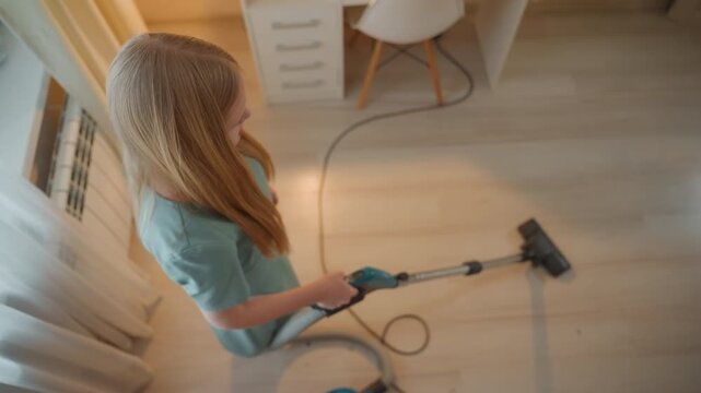 White woman vacuuming wooden floor, sunlit room with sheer curtains and corner chair, canister vacuum cord trailing across parquet, homeowner tidying living space, steady sweeping motion, calm focused