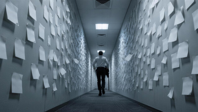 Man Walking Through Narrow Hallway Covered in Sticky Notes