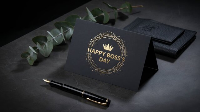 Elegant Happy Boss's Day greeting card, luxury black stationery with gold foil crown, professional office desk setting with fountain pen