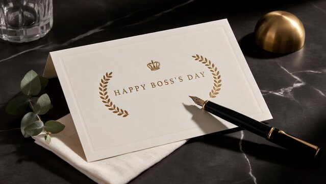 Elegant Happy Boss's Day greeting card on black marble. Luxury stationery with gold foil text, fountain pen and laurel wreath. Professional office celebration.