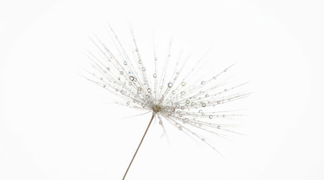 Close up dandelion seed with dew drops white background