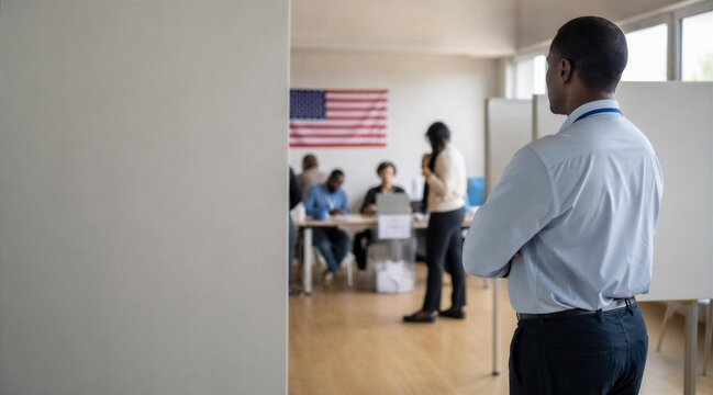Poll Worker Observing US Election Voting Station Activity